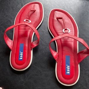 KEDS Flat Red Leather Toe Sandals (Flip-Flops) with White Accents Size 10